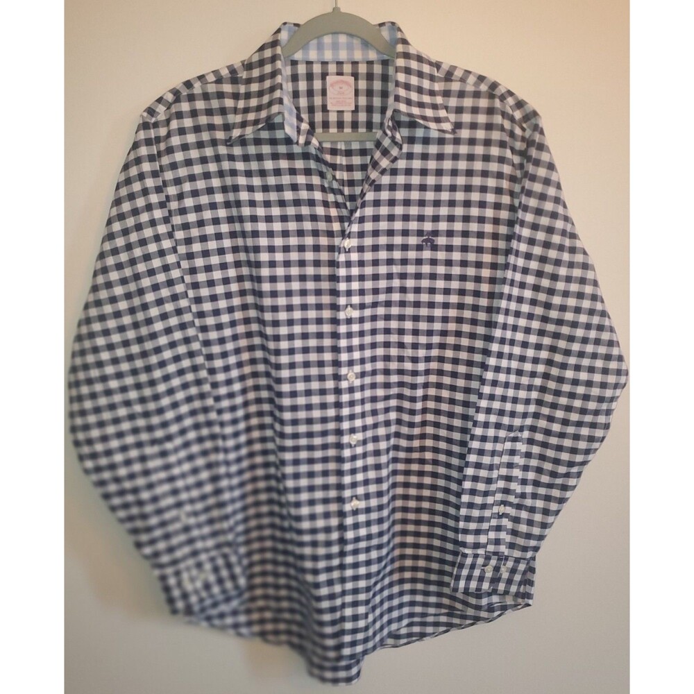 Brooks Brothers Men's Non-Iron Gingham Button Down Shirt Navy Blue M 100% Cotton